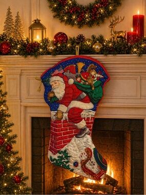 Vintage Cranston “Santa Has Arrived” Jumbo Quilted Christmas Stocking 30” Decor